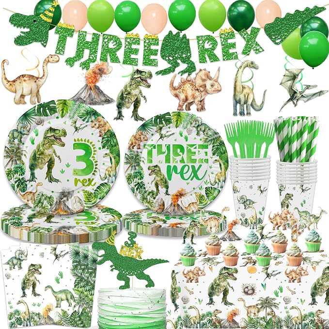 208 Pcs Dinosaur 3rd Birthday Party Supplies, Green Dino Three Rex Birthday Decorations, 20 Serves Include Paper Plates, Cups, Napkins, Tablecloth, Cake Topper, Swirls, Banner, Balloons for Boys