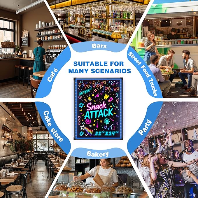 Hosim 32"x24" LED Message Writing Board, Neon Sign for Business & Restaurants, Illuminated Erasable Menu Board, 8 Colors Markers & 16 Lighting Colors, Flashing Light Up Display for Bar, Party, Wedding