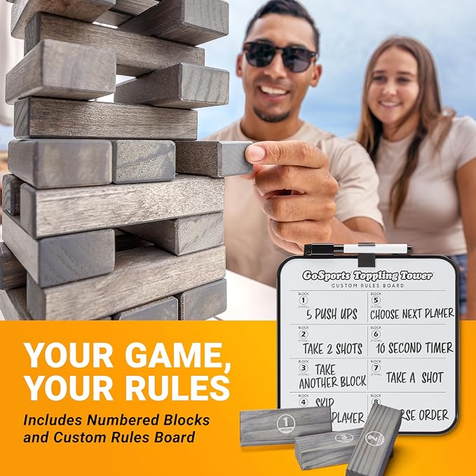 GoSports Giant Wooden Outdoor Stacking Game – Stacks Up to 3 ft – Large Toppling Tower with Case for Yard Games, Family Game Night, Camping, and Parties