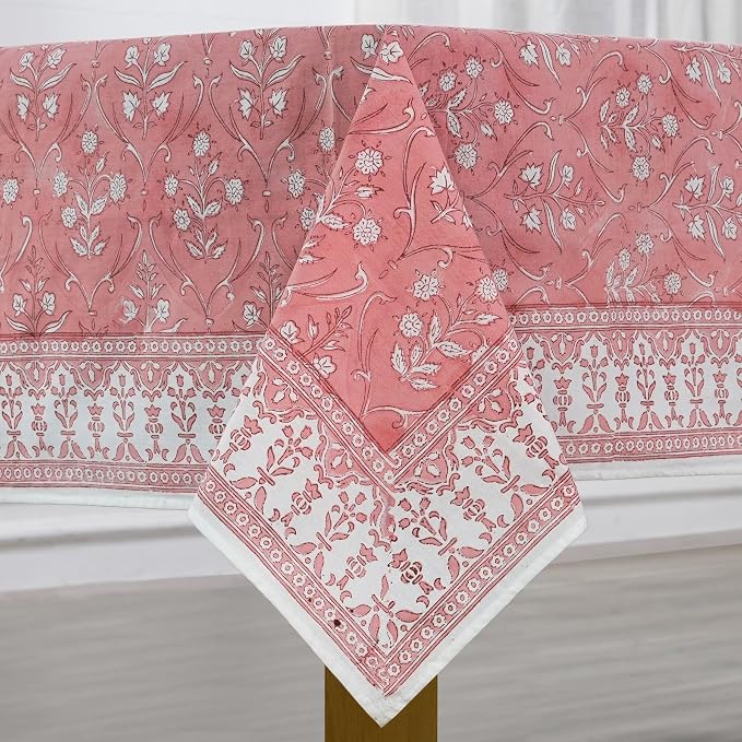 Ridhi Sweet Pink Hand Block Print Cotton Rectangle Tablecloth 102" x 48" inches Reusable Table Cover Decorative Everyday Use for Dining Room, Farmhouse, Home Gift for Spring, Mother's Day