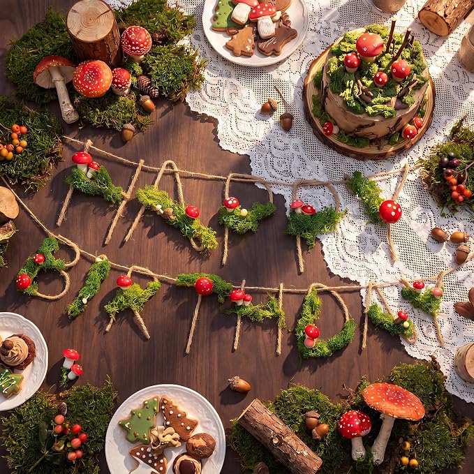 Norme Moss Birthday Party Decorations Banner Mushroom Birthday Decorations Metal 3D Plant Moss Theme Fairy First Birth Decor Sign Garland for 16 21st 30th 40th 50th 60th 70th