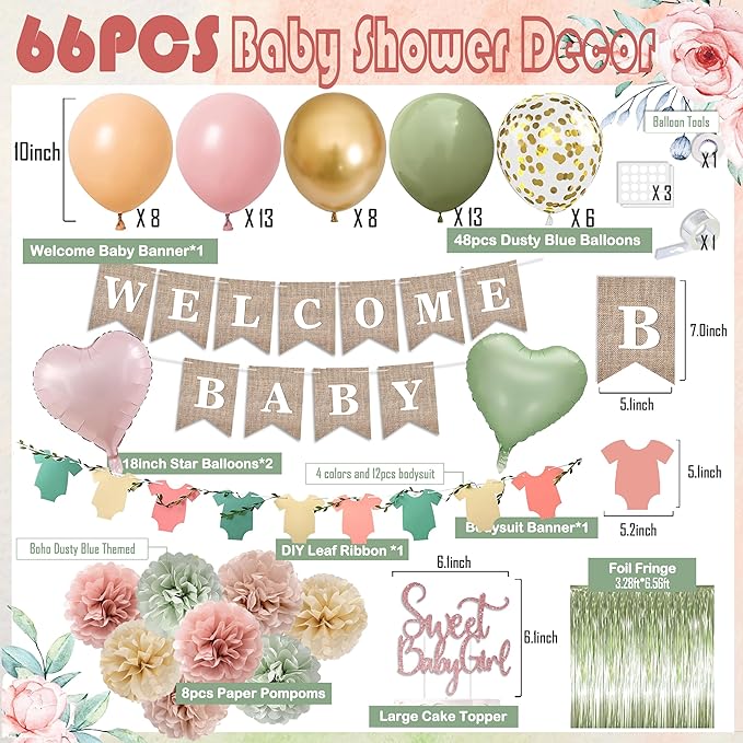 Pink Green Baby Shower Decorations Girls with Welcome Baby Banner, Paper Pom Poms, Sweet-Girl Baby Cake Topper, Retro Olive Pink Metallic Balloon Décor for Easter Jungle Safari Fairy Baby Shower Party