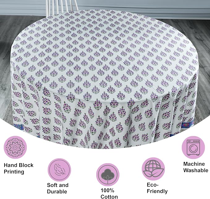 Ridhi Round Tablecloth Hand Block Print 100% Cotton Reusable Ruddy Blue 132 Inch Table Cover Decorative Everyday Use for Dining, Home, Party, Wedding, Farmhouse, Party Gift for Spring, Mother's Day