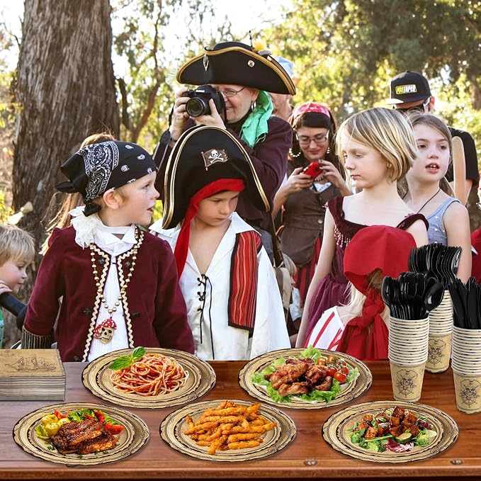 400 Pcs Disposable Pirate Tableware Set for 50 Guests | Heavy-Duty 7" & 9" Paper Plates, Cups, 13" Napkins & Plastic Cutlery for Tresure May Theme Party Supplies