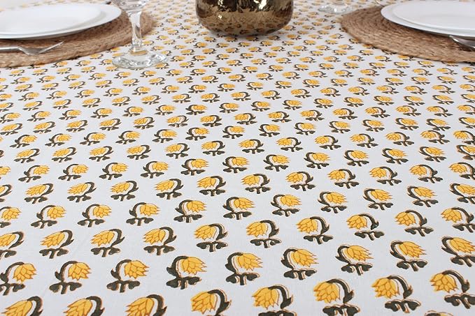 Ridhi Round Tablecloth Hand Block Print 100% Cotton Reusable Vintage Yellow 132 Inch Table Cover Decorative Everyday Use for Dining, Home, Party, Wedding, Farmhouse Gift for Spring, Mother's Day