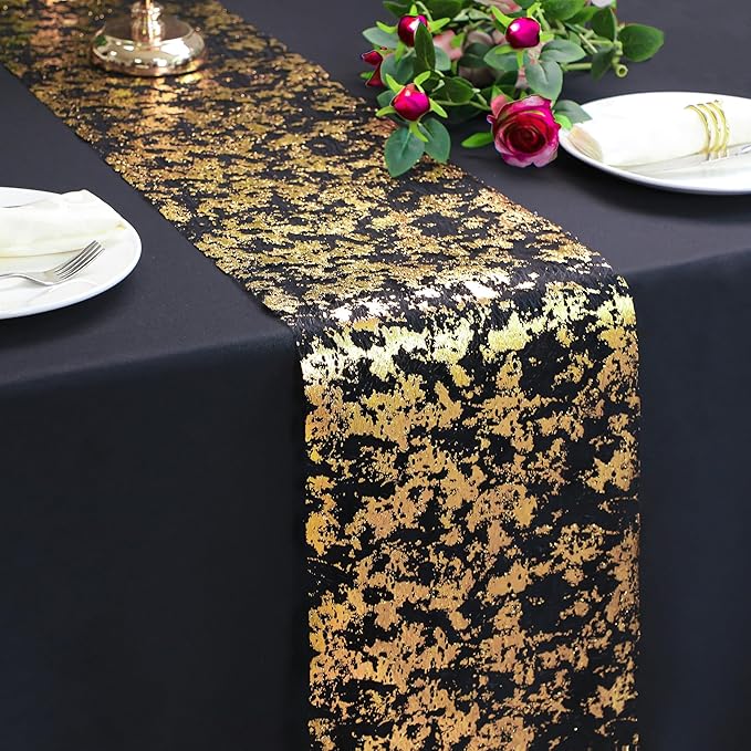 Snowkingdom 2 Pcs Black and Gold Table Runner, 11 x 108 Inch Gold Metallic Foil Glitter Runners for Party, Table Centerpieces Decorations for Birthday Wedding Graduation Fall Thanksgiving Christmas