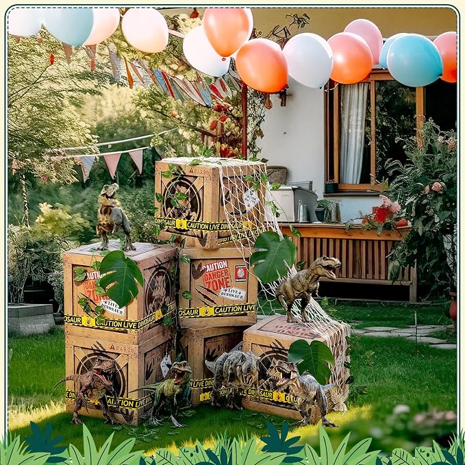 21 Pcs Dinosaur Party Decorations 12 x 12 x 12 Inch Dinosaur Theme Boxes Dino Table Centerpieces Dino Cardboard Palm Leaf Artificial Rattan Net for Birthday Party Supplies Decor