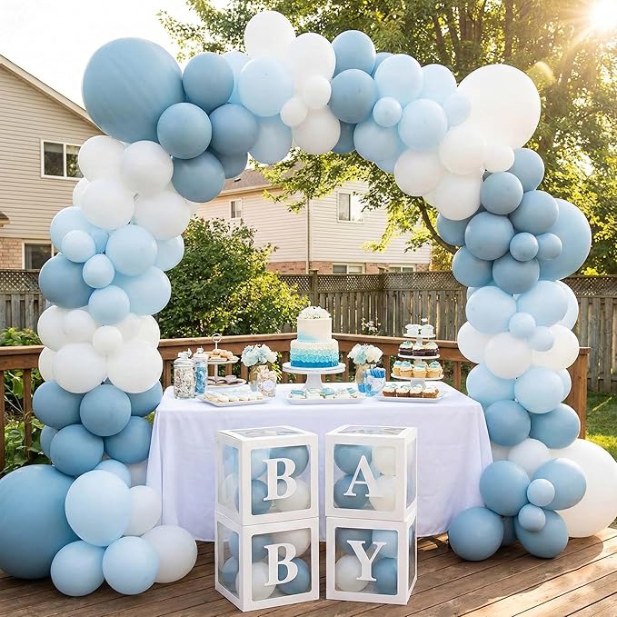 148Pcs Dusty Blue Baby Shower Decorations for Boy - Boho Balloon Arch Garland Kit with 4 Baby Boxes - Matte Blue Sand White Balloons for Gender Reveal Backdrop, 1st Birthday Party