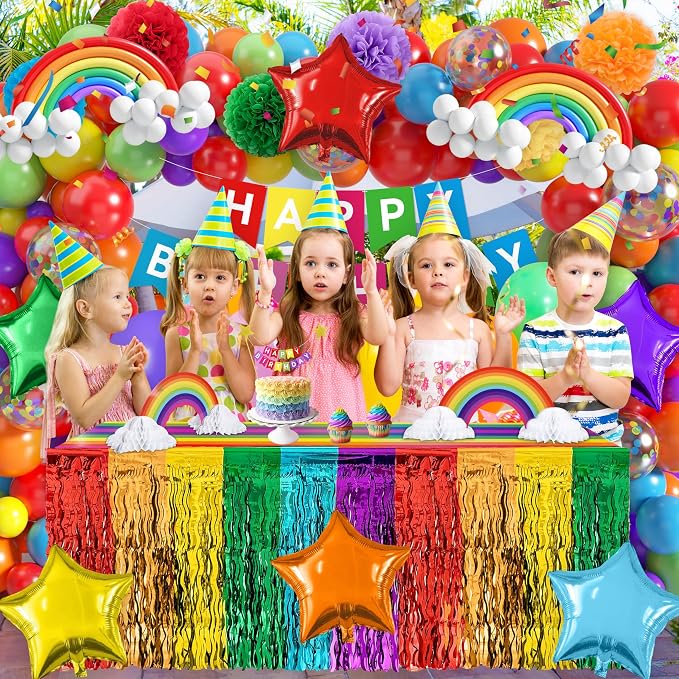 THAWAY Rainbow Birthday Decorations, 104Pcs Colorful Birthday Party Decorations for Boys and Girls, Rainbow Party Supplies Colorful Streamers Party Decors Set, Birthday Party Backdrop