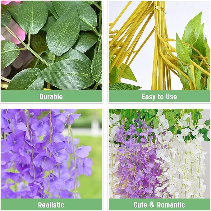 BLEUM CADE 36Pcs White & Purple Fake Wisteria Hanging Flowers, 3.6Ft/Pcs Artificial Wisteria Garland, Hanging Flowers for Wedding Party Home Backdrop Wall Decoration
