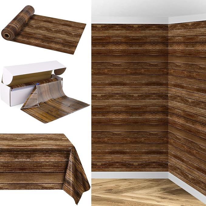 Kochorie 200 Ft x 54 Inch Wood Grain Tablecloth Roll in Slide Cutter Box Disposable Rustic Backdrop Vintage Table Cover Western Themed Bulletin Board Plastic Roll for Barn Birthday Classroom Decor