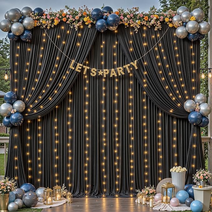 2 Panles Black Backdrop Curtains - Wrinkle Free Fabric Backdrop Curtain for Photoshoot,10ft Wedding Party Photo Backdrop Drapes for Birthday Baby Shower Photography Stage Background Decorations