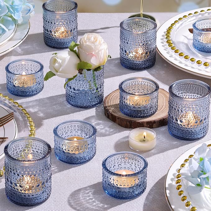 30 Pcs Blue Votive Candle Holders – Glass Candle Holders Bulk for Wedding Table Centerpiece, Something Blue Bridal Shower, Baby Shower, Summer & Everyday Home Decor