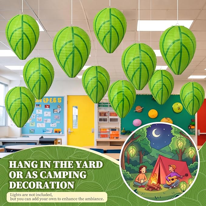 Zhengmy 12 Pack Nature Forest Classroom Decor Green Leaf Hanging Paper Lanterns Back to School Art Ceiling Hanging Decorations Paper Lanterns for School Vbs Vacation Camping Party Favors