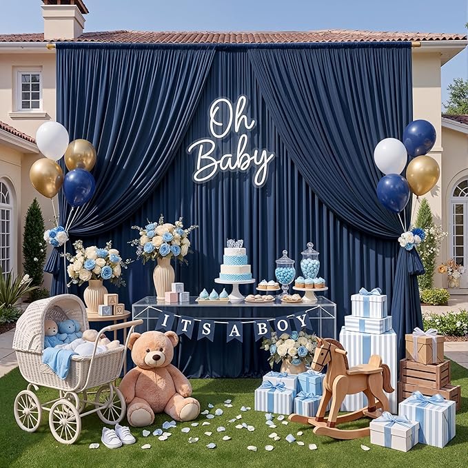 10ft x 8ft Wrinkle Free Navy Blue Backdrop Curtains for Parties, Thick Fabric Photo Backdrop Drapes for Weddings Photography Birthday Party Backgrpund Decor