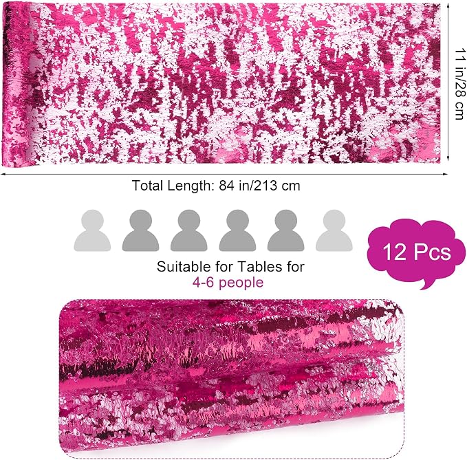 Aneco 12 Pieces Metallic Glitter Table Runner 84 x 11 Inches Hot Pink Glitter Mesh Table Runners Sparkle Rectangle Runner Roll Decorations for Wedding Baby Shower Birthday, DIY Home Decor