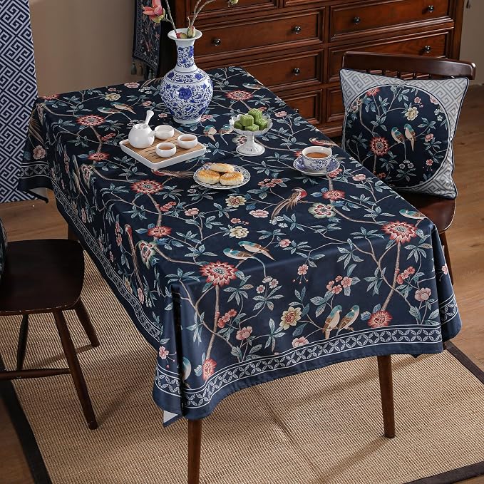 patdrea Elegant Vintage Linen Tablecloth,Rectangular,87"x63"-Lanruoting | Chinoiserie Table Cloth for Rectangle Table,Blue Oriental Bird Floral Print,Dining Tea Party Thanksgiving Table Decor