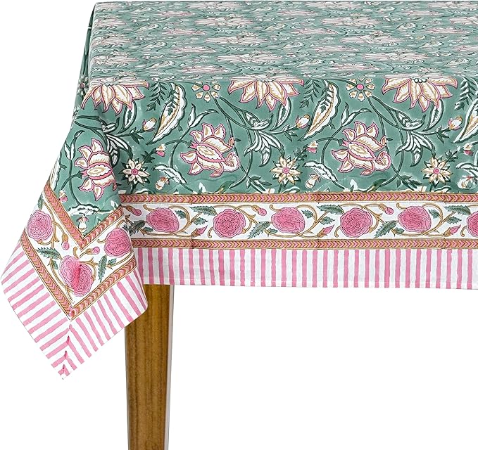 Ridhi Viridian Green Hand Block Print Cotton Rectangle Tablecloth 108" x 70" inches Reusable Table Cover Decorative Everyday Use for Dining Room, Farmhouse, Home Gift for Spring, Mother's Day
