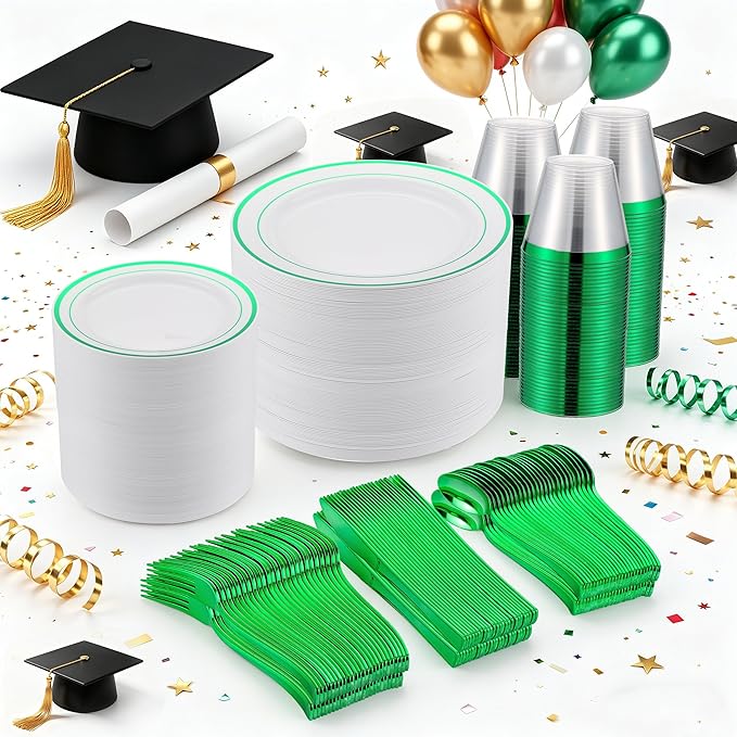 300PCS Green Dinnerware Set, 50 Guests White and Green Plastic Plates, Fancy Plastic Plate-50 Dinner Platos, 50 Dessert Platos, 50 Silverware Set, 50 Cups for Party Wedding