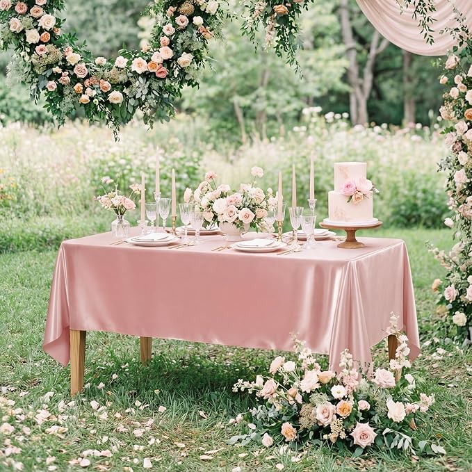 4 Pack Rose Gold Satin Tablecloth 58 x 102 Inches, Rectangular Satin Table Cloths for Wedding Reception, Birthday Party, Graduation & Holiday Banquet Tables