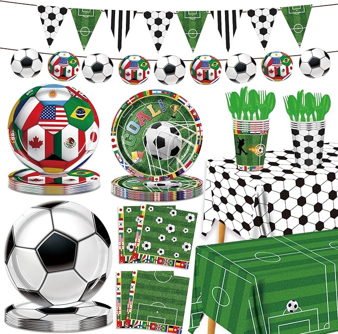 Soccer Party Supplies Decorations Kit for 24 Guests-The 23rd World Cup Design Dinnerware-Plates(9&7in) Napkins Cups Cutlery 2 Tablecloths & Soccer Pennant Flags Banner for Party, World Cup, Birthday