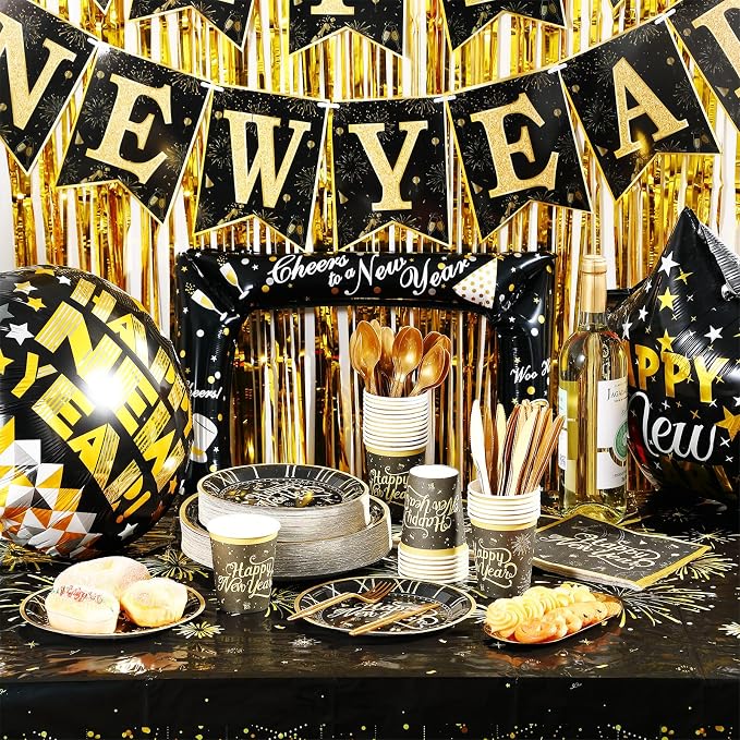 Zhehao 350 Pcs Happy New Year Party Supplies Tableware 2026 New Years Eve Dinnerware Set for 50 Guests Disposable Black Gold Paper Plates, Napkin, Cup, Knife, Fork and Spoon for Celebration(Clock)