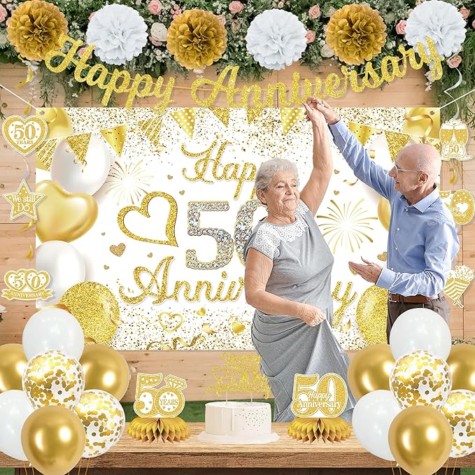 Vlipoeasn 50th Anniversary Decorations for Couple, White Gold Cheers to 50 Years Wedding Party Supplies, 50th Anniversary Backdrop Glitter Gold Banner, Cake Topper, Honeycomb, Hanging Swirl for Party