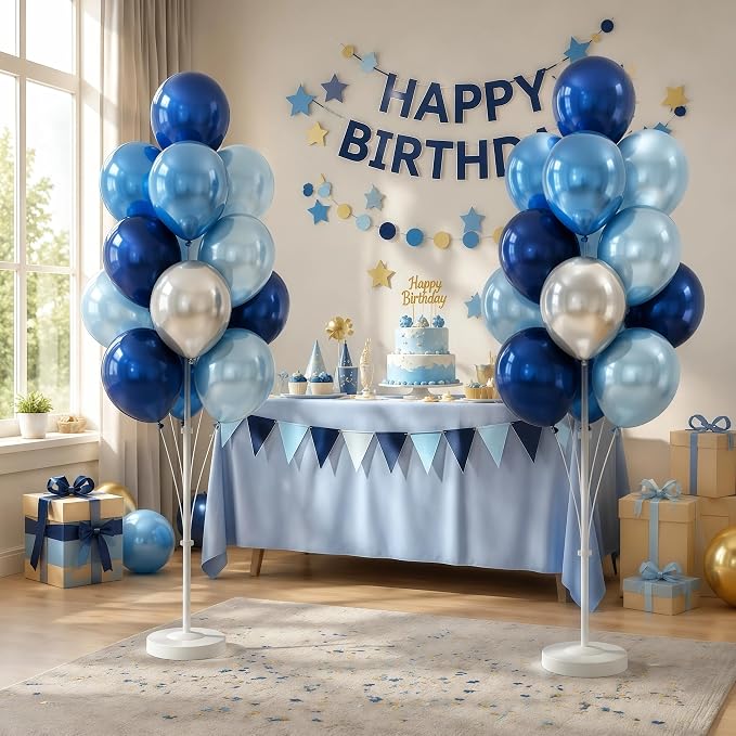 Balloon Column Stand Kit,2 Sets of Assorted Rainbow Balloon Tower Pillar with 10inch Bright Color baloon Reusable Design for Grirls Party,Birthday, Wedding,Baby Shower (Metallic Blue Sliver)