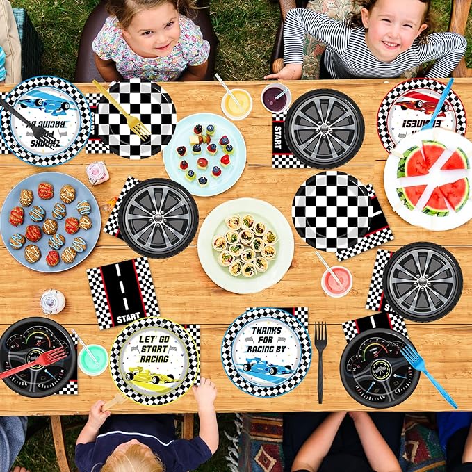 96Pcs Racing Car Birthday Party Plates and Napkins for Checked Race Car Party Decorations Start Your Engines Theme Paper Plates Tableware for Kids Serves 24 Racing Car Birthday Party Supplies Favors