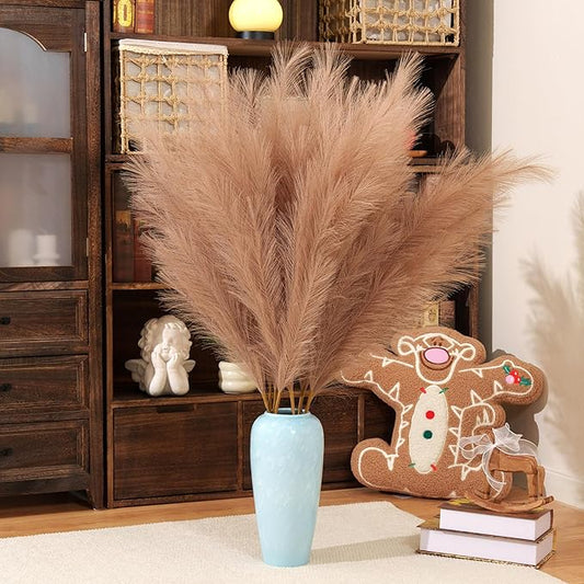 Premium Faux Khaki Pampas Grass – 43.3" Tall Fluffy Earth-Toned Decor, 8pcs 18-Branch One-Piece Stems No Assembly, Luxury Silk Feather Flowers for Boho Military Green Decor,Olive Beige 8 Stems110cm