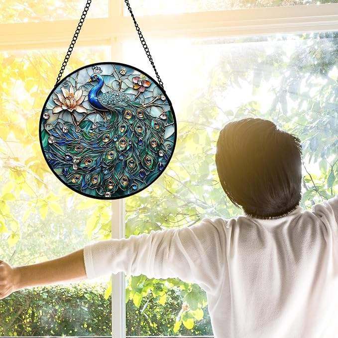 DASTOLL Stained Glass Window Hanging, Blue Peacock Decoration Suncatcher for Door Garden Home Flower Bird Sun Catchers Christmas Mother's Day Birthday Gifts for Women Men Mom Nana Friend 11.8 in