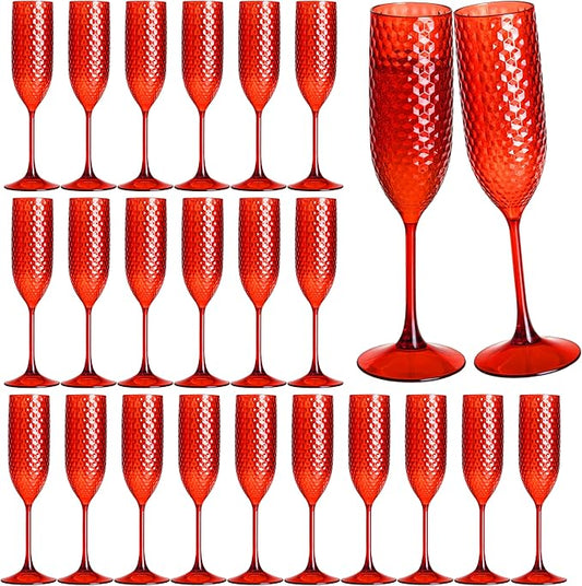 24 Pack Red Plastic Champagne Flutes Mimosa Unbreakable Champagne Glasses Wedding Toasting Glasses 5.5 OZ Reusable Diamond Glasses Wine Cups Vintage Drinking Glasses for Wedding,Christmas,Party