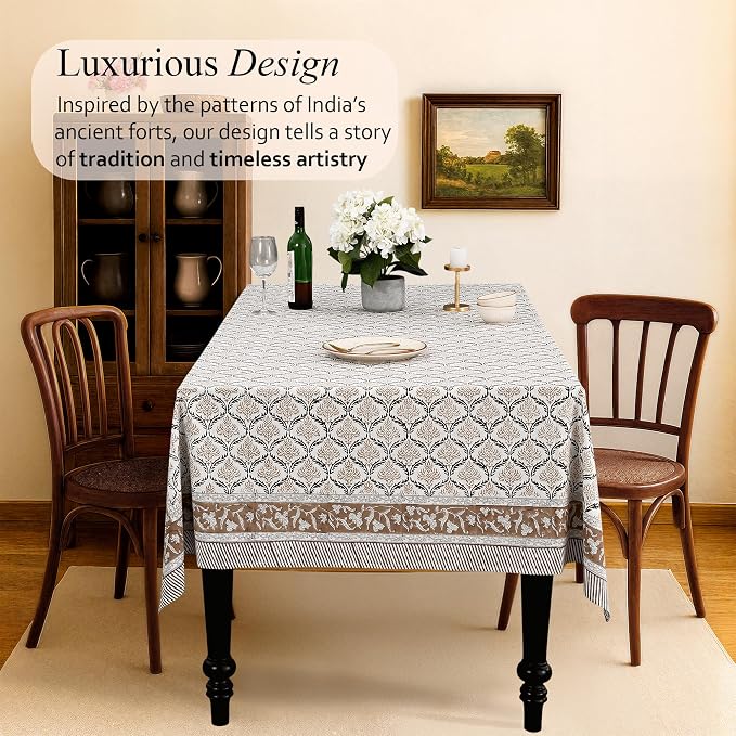 CPC Sandstone Regal Tablecloth 100% Cotton 72x140 Inch Indian Block Print Rectangle Table Cover, Table Cloth for Gifting in Weddings, Halloween, Fall, Christmas, Thanksgiving