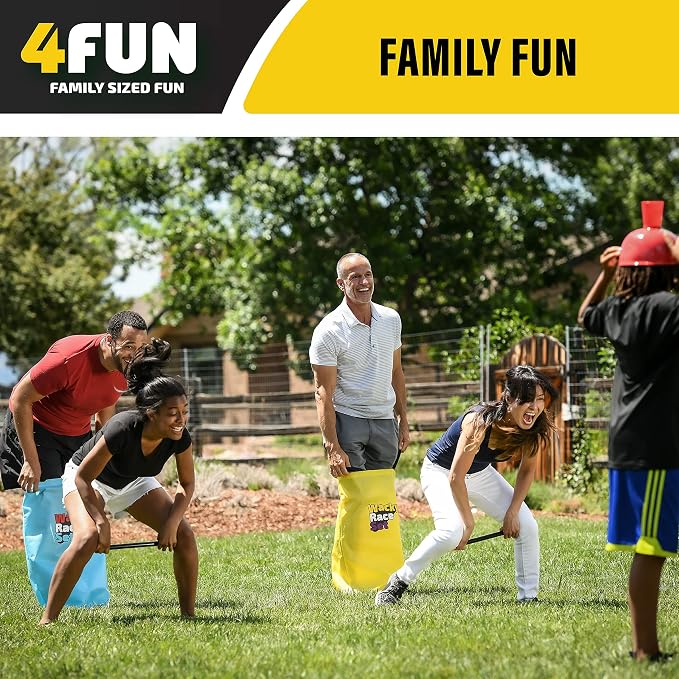 4FUN Wacky Race Set - Family Fun Outdoor Yard Games - Set Includes Hop Sack Race, Knee Walkers, Nose Nudge, Water Helmet Relay, 3-Legged Race, and Wizzy Dizzy – Great for Ages 3+