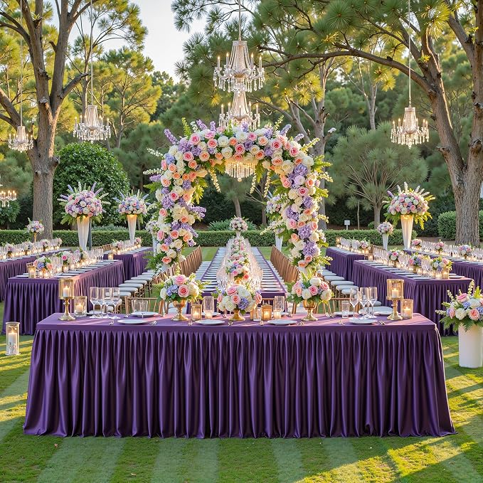 2 Packs Purple Polyester Tablecloths Rectangle Tables 8ft, Stretch Fitted Table Covers for 8 Foot Tables Wrinkle Free Rectangle Table Cloth with Skirt for Birthday Party Events Banquet Baby Shower