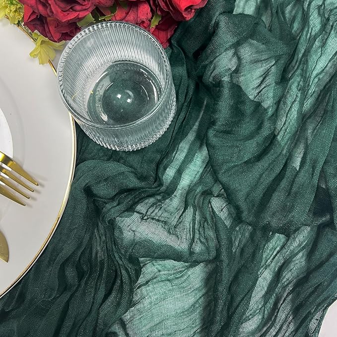 10 Pack 120inch Dark Green Cheesecloth Table Runners - 10Ft Long Cotton Gauze Table Runner for Christmas Parties and Weddings Bridal Baby Showers Decoration- Elegant Emerald Green Table Cloth