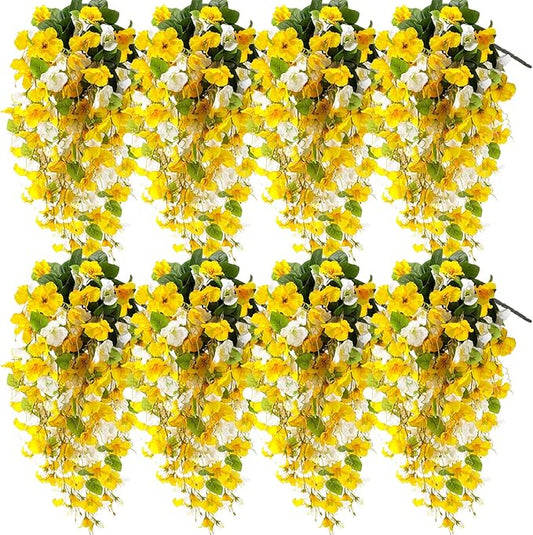 XunYee 8 Pcs Artificial Hibiscus Flowers for Outdoors Spring Summer Decor Fake Hanging Flowers Plants Uv-Resistant Faux Hibiscus Flower for Outside Porch Patio Front Door (Yellow and White)