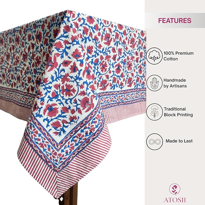 ATOSII Nora 100% Cotton Rectangle Spring Summer Tablecloth, Handblock Floral Print Linen Table Cloth for Kitchen Dining I Parties, Weddings, Outdoors, Easter Decor 60 X 108 Inches, 8 Seater