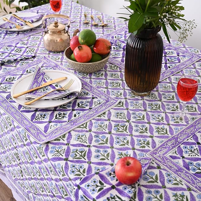 Hand Block Printed Tablecloth, Colorful Floral Print, Indian Artisan Handmade Art, Dining Room, Kitchen, Outdoor Décor, (Royal Purple Flora, 8 Seater 72 x 108 Inches Rectangle)