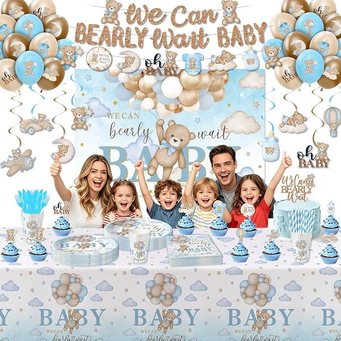 We Can Bearly Wait Baby Shower Decorations for Boy, Blue Bear Baby Shower Decorations Party Supplies, Paper Plate, Napkin, Cup, Banner, Tablecloth, Balloon, Swirls, Backdrop, Topper, Serves 24