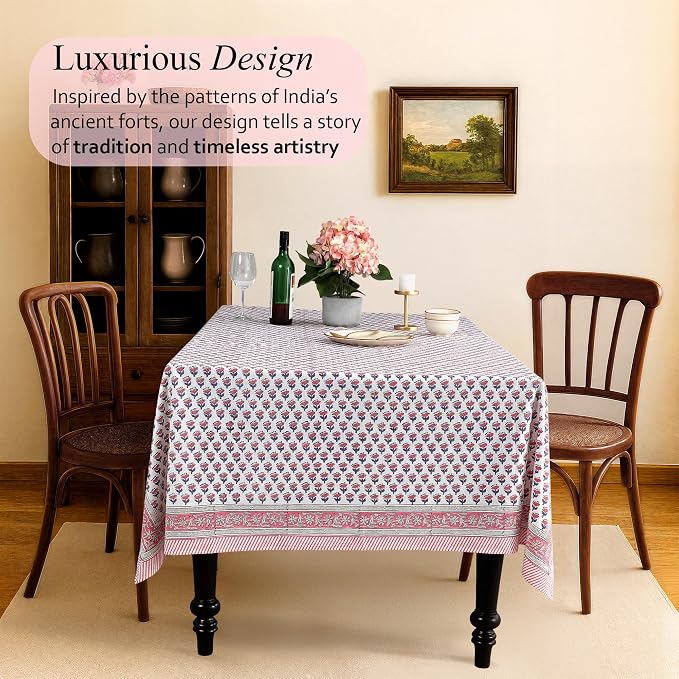 CPC Tablecloth 100% Cotton 60x90 Inch Indian Block Print Rectangle Table Cover, Washable Table Cloth for WeddingsSpring/Summer, Barbeque - Pink Sapphire