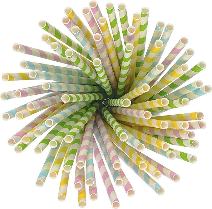 Paper Straws Biodegradable 200 Pack Striped Multi Colored BPA-Free Disposable 8.25" Long Non-Flexible Straw for Everyday/Birthday Party/Easter/Baby Shower/Wedding - By DuraHome