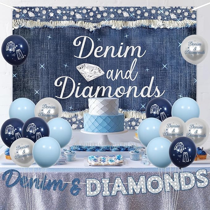 Denim and Diamonds Party Decorations Denim and Diamonds Backdrop Banner Sash with Blue Silver Balloons for Women Girls Birthday Bachelorette Party Bridal Shower Wedding Supplies