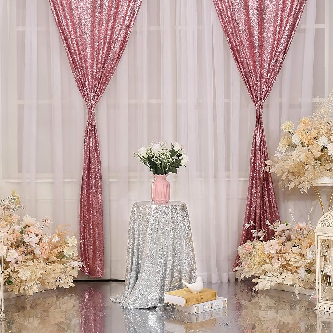Poise3EHome Fuchsia Pink Sequin Backdrop Curtain, 2 Panels 2Ft x 8Ft Glitter Photography Background for Party Baby Shower Wedding Birthday Christmas Thanksgiving Halloween Decoration