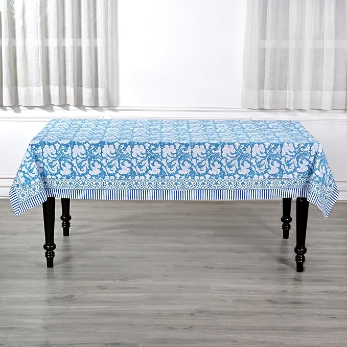 Ridhi Magic Blue Hand Block Print Cotton Rectangle Tablecloth 160" x 72" inches Reusable Table Cover Decorative Everyday Use for Dining Room, Farmhouse, Home Gift for Spring, Mother's Day