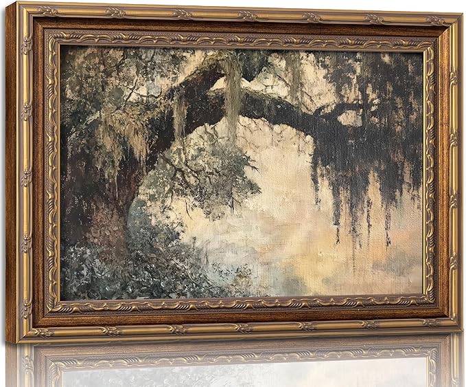 Vintage Gold Framed Vintage Oak Tree Wall Art Retro Landscape Canvas Wall Decor Oak Tree Moss Artwork Picture Retro Rustic Tree Poster Print for Home Living Bedroom Farmhouse Hallway