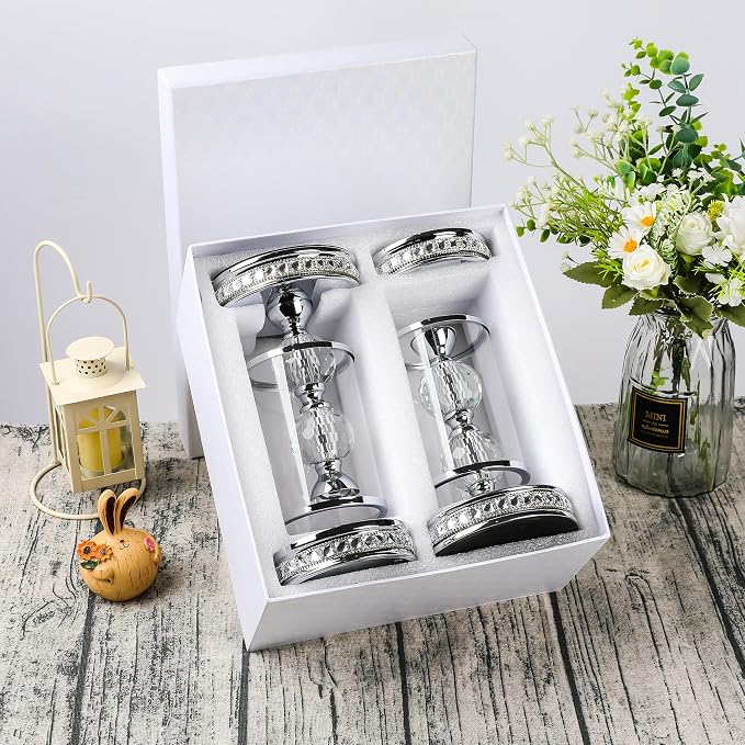 12.4" Tall Hurricane Candle Holder, Pillar Candle Holders with Glass Sleeve with Gift Box, Crystal Candle Stands for Home Warming, Weddiing, Dining Room Decor, Table Centerpiece (2, Silver, M)