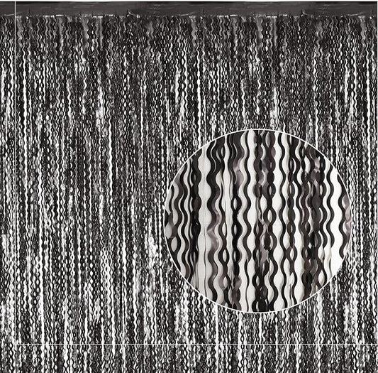 Black Foil Fringe Curtains Party Decorations - 4 Pack 3.3 ft x 6.6 ft Foil Party Curtain Streamer Backdrop for Halloween | Graduation | Fiesta Birthday Decor