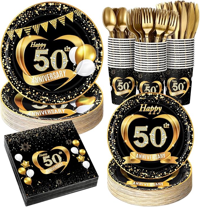 Pickmesh 400 Pcs 50th Wedding Anniversary Party Supplies - Black and Gold Disposable Paper Plates, Napkins and Cups - Tableware Decorations for Men and Women