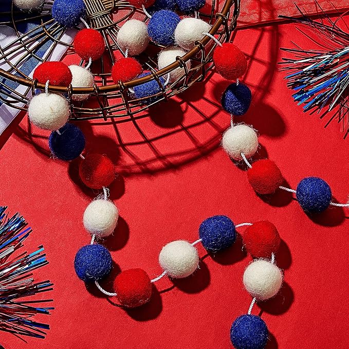 WILLBOND 2 Pieces Wool Felt Rainbow Ball Garland Colorful Pom Pom 6.5 ft Long 24 Ball Garland for Easter Mardi Gras Classroom Halloween Thanksgiving Xmas (Red,White,Blue)